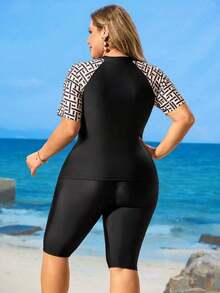 Swim  Traje de baño tipo burkini de una sola pieza con cremallera delantera, manga corta y diseño modesto para mujeres de talla grande - Negro - Ver 2