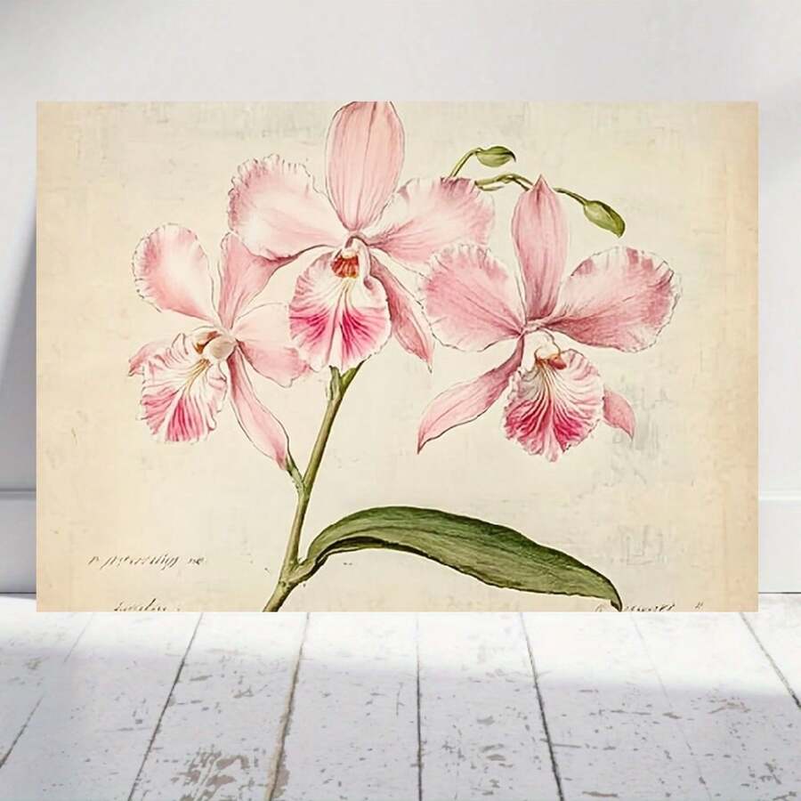2D Plano, Pared de Orquídea Vintage - Marco Envolvente Botánico, Estilo Retro Minimalista Chino, HD Resistente al Desvanecimiento, Adecuado para Dormitorio, Decoración de Oficina - Elegante Orquídea Plana, 2D - Enmarcado - Ver 1
