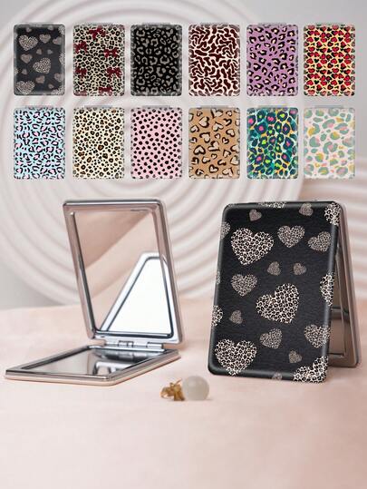 1pc Y2K Leopard Print Vanity Mirror, Foldable Lightweight Compact Handheld Mirror, Durable PU Leather, Suitable For All Occasions, Portable Pocket Mirror With Classic Leopard, Bow, And Heart Print Design, Foldable Structure, Reliable And Scratch-Resistant