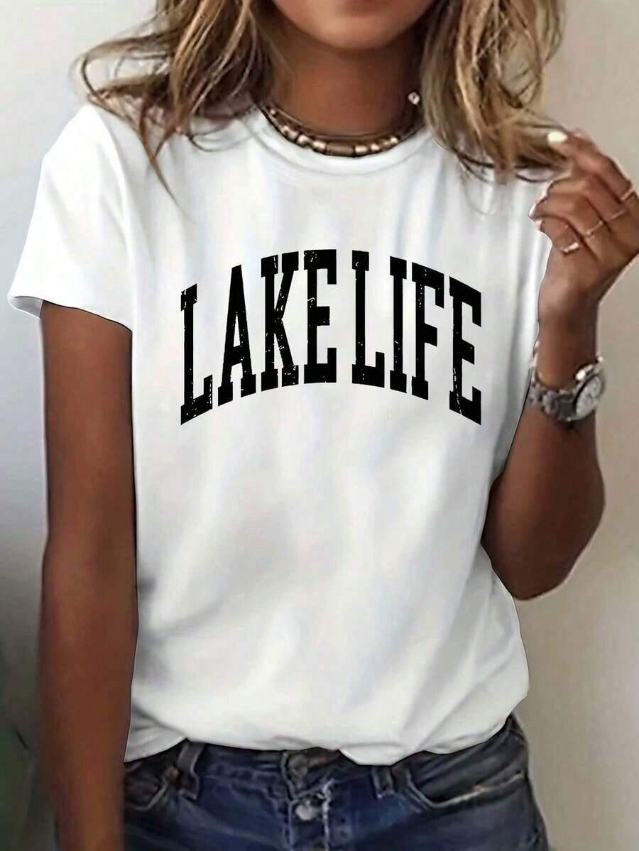 Camiseta Casual de Manga Corta con Cuello Redondo para Mujer LAKELIFE, Verde Vibrante con Estampado de Monograma Blanco, Elasticidad Media, Lavable a Máquina, Ajuste Cómodo para Todas las Temporadas, Ropa de Verano, Estilo Relajado, Tela No Transparente, Moda - Blanco - Ver 1