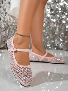 Spring/Summer Wide Toe Box Shiny Colorful Rhinestone Decorated Women's Dance Shoes, Comfortable Elegant Fashion Versatile Student Shoes/Mesh Hollow Breathable Soft Lightweight Non-Pinching Casual Shoes/Walking Shoes/Travel Shoes, Suitable For Dancing/Students/Outdoor Leisure/Walking/Holiday Gifts/Parties/Home/Work/Driving, Please Note This Product Is Not Suitable For Narrow Feet, Size Runs Large - Pink - View 5
