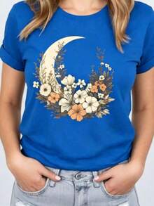 Y2K Style, Fashionable Style, 2026 Newest, Cute Style, Casual Style. Women's Short-Sleeved T-Shirt With Moon And Flower Print For Summer, Casual Graphic Shirts For Women, 180g (S-XXXL) - 海軍藍 - 查看 6