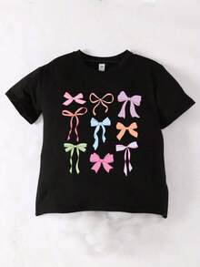 100% algodón puro, Camiseta de mujer, Estilo bohemio, Camiseta de cuello redondo con estampado de lazo para niñas, Top suave informal para primavera y verano. - Negro - Ver 2