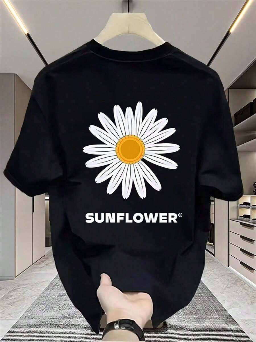Men's Crew Neck T-Shirt, 100% Cotton. White Short-Sleeved T-Shirt For Men With A Daisy And Sunflower Print On The Front And Back. Soft And Breathable Crew Neck Blouse, Ideal For Summer. Mexican Print. - 黑色 - 查看 1