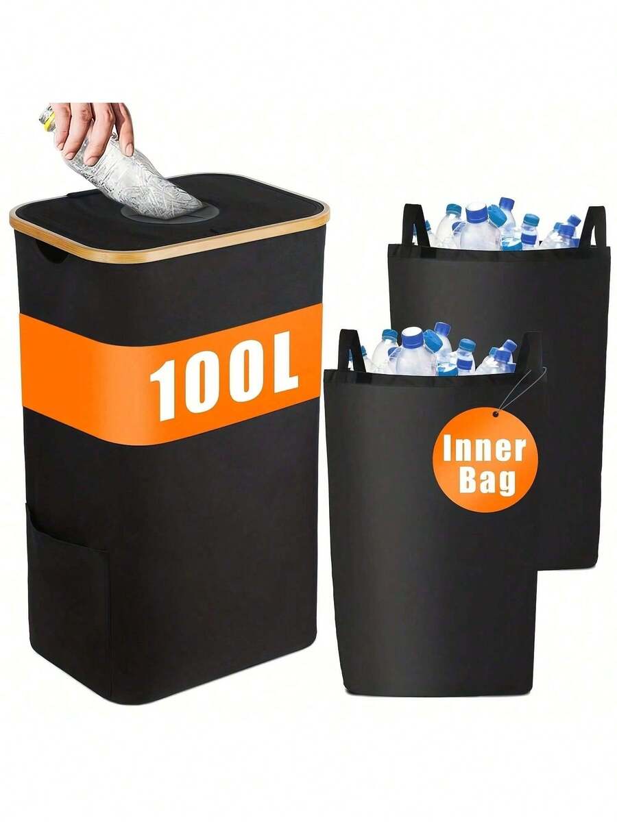 Thùng đựng chai lọ có khung tre, thùng , thùng rác dung tích lớn 100L, giỏ đựng đồ giặt, giỏ đựng chai nước giải khát có thể gấp gọn, thích hợp cho gia đình, nhà bếp, phòng tắm, phòng chứa đồ, phòng khách, có thể đựng chai và lon, phụ kiện phòng tắm, nhà bếp, phòng khách, quà tặng ngày lễ - Nhiều màu - Xem 1