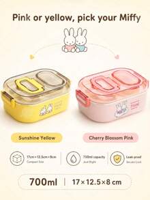 MIFFY 1个米菲304不锈钢分隔加热学生便当盒，卡通便携式便当盒带盖，可作手机支架，日系可爱风格，3种颜色（粉色、黄色、蓝色）可选，印有米菲图案，可爱卡通304不锈钢内胆搭配塑料外壳，4个防漏扣带透明盖，2026年米菲粉丝热门礼物，适合学生和上班族使用。 - 彩色 - 查看 6