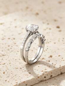 1pair Classic 925 Sterling Silver White Cubic Zirconia Patterned Wedding Ring Set For Women, Engagement, Anniversary & Bridal Gift - Silver - View 11