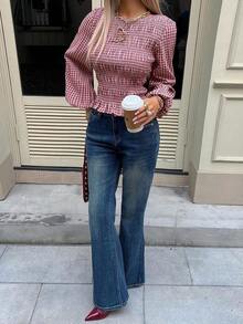 Camisa de manga larga con cuello redondo y cintura ceñida a cuadros, conjunto navideño para mujer, blusa casual con diseño plisado, cintura ajustada, camisa a cuadros elástica - Marrón - Ver 9