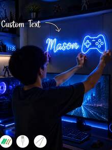 Customized Handwritten Name + Game Controller Neon Sign, Custom Text LED Neon Wall Light, Blue Soft Glow Decor Suitable For Boy's Bedroom Wall Art, Gaming Room, Children's Room, Influencer Cafe, Party Indoor - Multicolor - View 2
