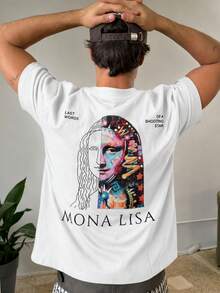 ChristmasFractyr Camiseta Holgada para Hombre con Diseño de Arte Dividido de la Mona Lisa, con Estampado Frontal y Trasero, Camiseta Blanca Suave de Estilo Urbano, Artículo Popular - Blanco - Ver 4