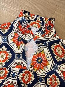 女士春夏波西米亚复古印花衬衫，荷叶边领口和泡泡袖，宽松版型，休闲舒适风格 - 彩色 - 查看 6