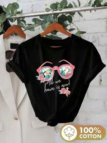 Summer T-Shirts, 2026 Women's Tops, Pink Flamingo Print Summer T-Shirt, Crew Neck And Short Sleeves, Pure Print Summer Set For Women, Cotton T-Shirt, Y2k Style. - 黑色 - 查看 6