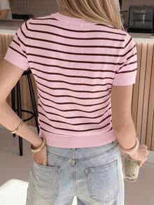 Cárdigan de mujer con cuello en V y manga corta,decoración con botones delanteros,estilo de moda minimalista y versátil casual,adecuado para el uso diario,linda blusa de punto para el verano - Rosa - Ver 6