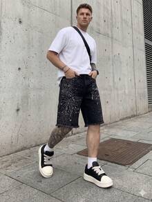 男士做旧水钻烟花图案毛边牛仔短裤，宽松百慕大短裤 - 黑色 - 查看 5
