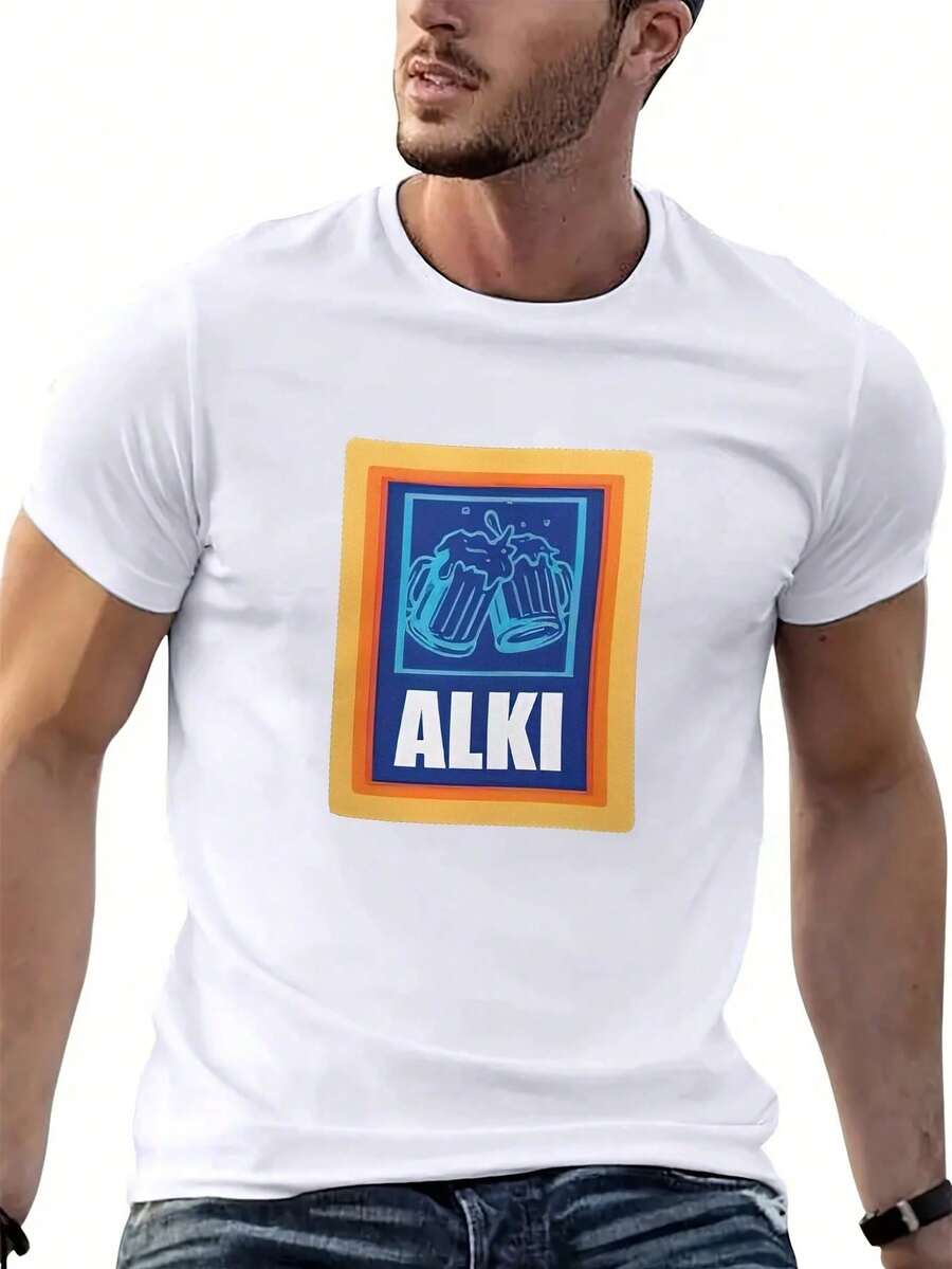Unisex T-Shirt With ALKI 95 Beer Mug Print, Street Style, Short Sleeves, Round Neck, Suitable For All Seasons, Casual Daily Wear, Soft Fabric - 白色 - 查看 1