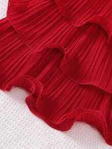 Girls' Sleeveless Ruffle Cake Dress, Solid Color Spaghetti Strap Design Suitable For Summer - Red - View 2