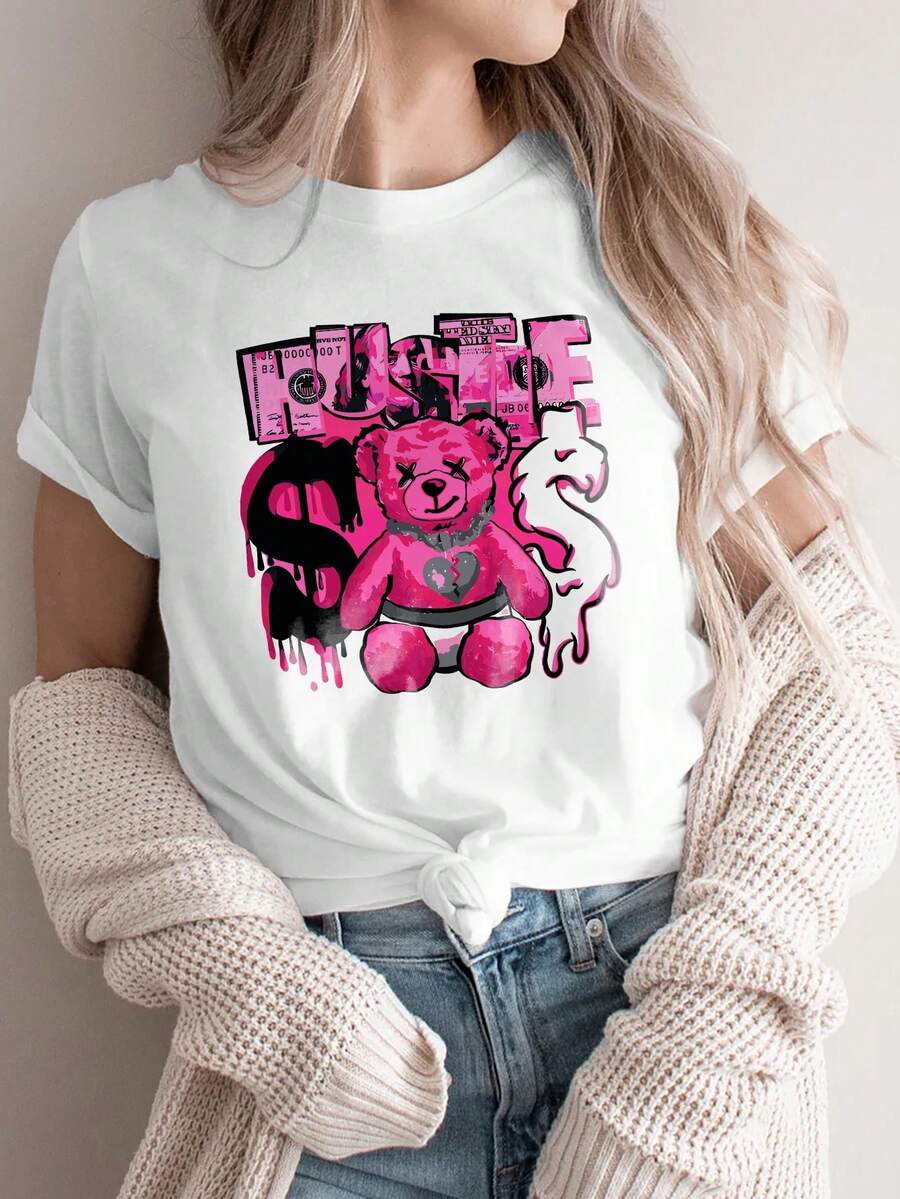 HUSTLE Women's Streetwear T-Shirt - Crew Neck T-Shirt With Teddy Bear Graphic And Dollars, High-Elasticity Fabric Suitable For All Seasons, Machine-Washable Casual Blouse For Gym, Office, And Everyday Wear - Business Style, High-Quality Comfortable Blouse - 白色 - 查看 1