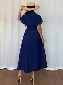 Vestido camisero casual de mujer con botones delanteros, mangas raglán y cintura ajustada - Blanco - Ver 8