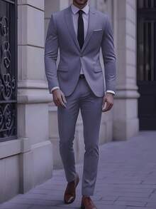 Men's Two-Piece Casual Business Suit, With Jacket And Trousers - 灰色 - 查看 1