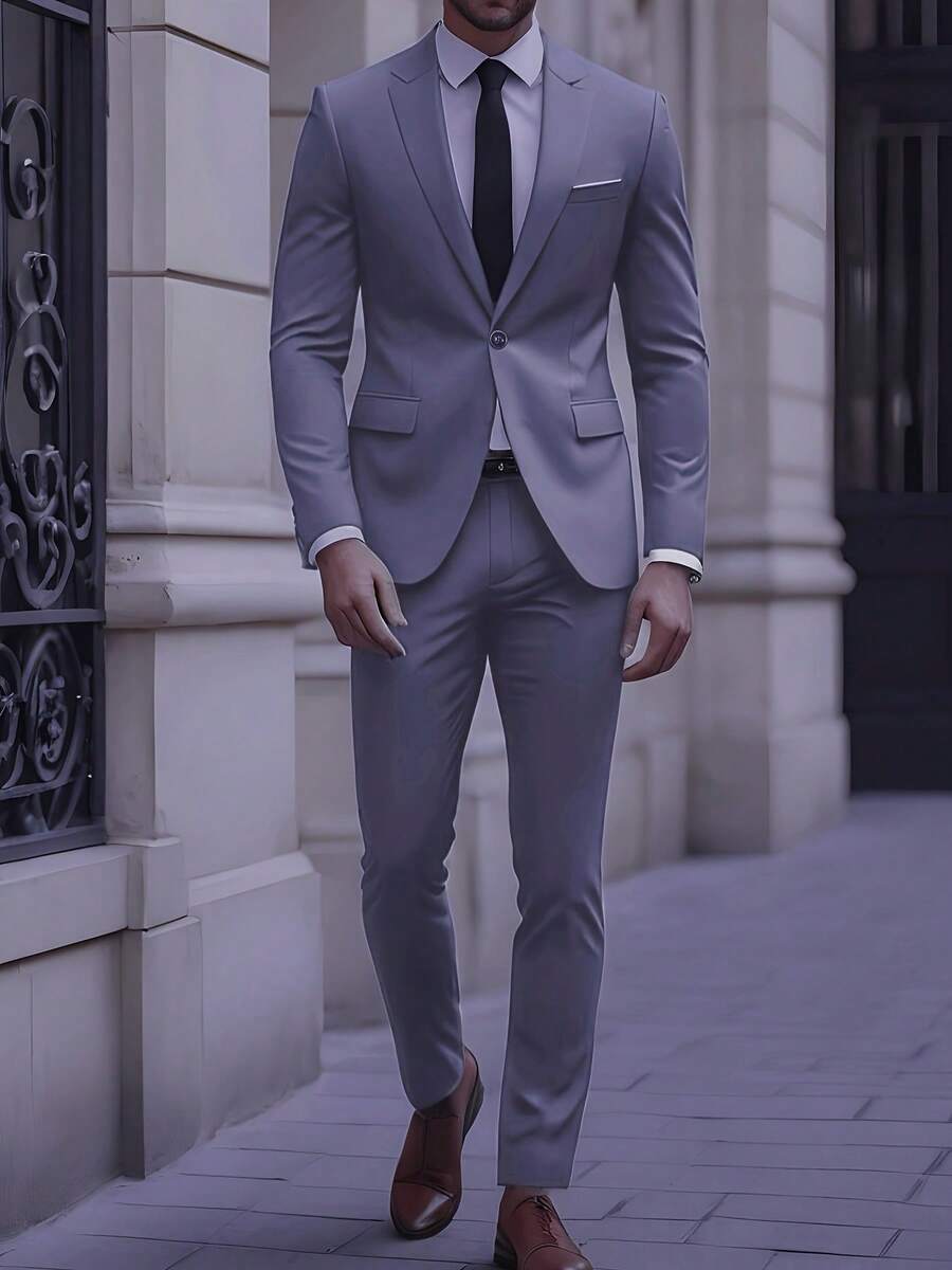 Men's Two-Piece Casual Business Suit, With Jacket And Trousers - 灰色 - 查看 1