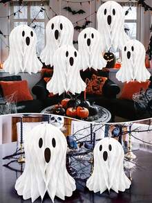 Halloween Honeycomb Paper Balls, Cute White Paper Ghost Decorations, Perfect For Birthday Parties And Theme Parties, Halloween Party Decor, Honeycomb Ball Scene Arrangement, Bar And Mall Ghost Lantern Props - Multicolor - View 1