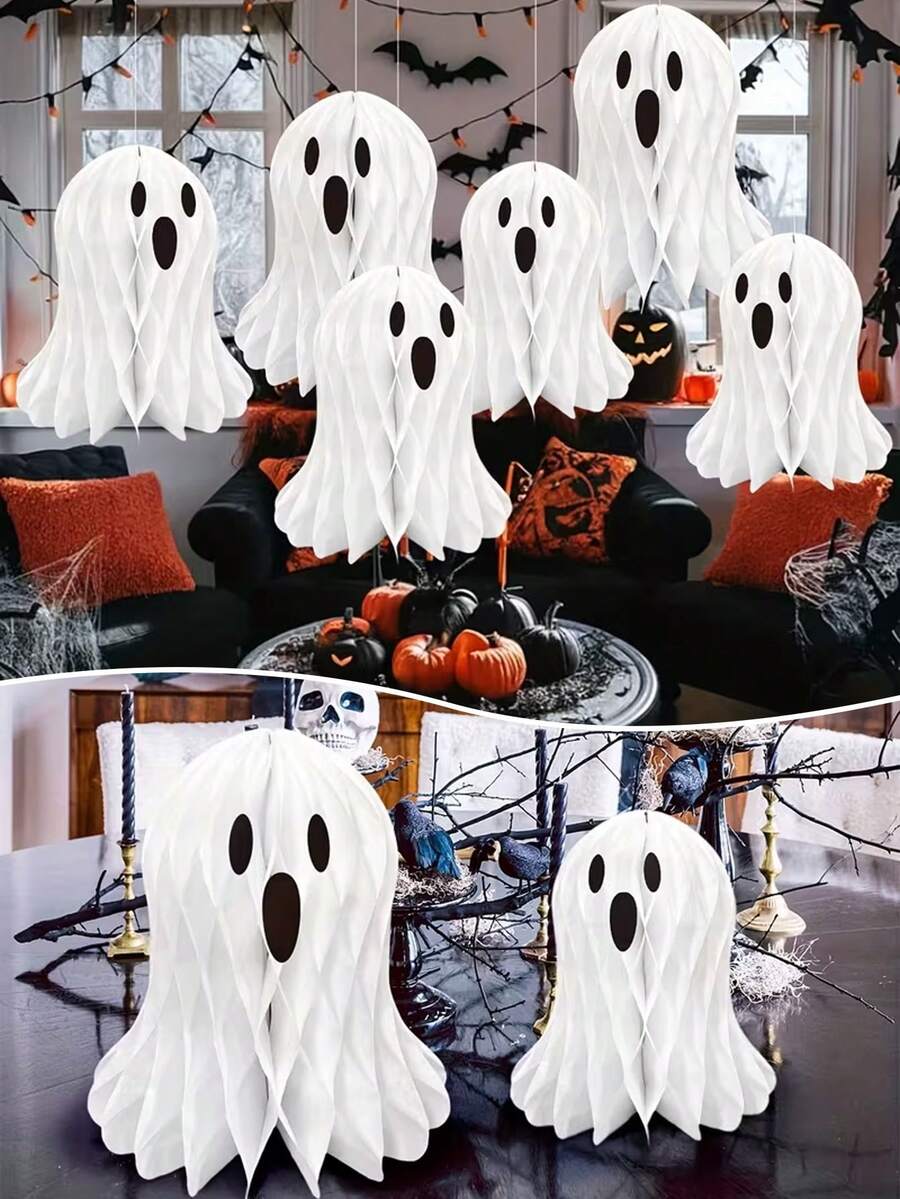 Halloween Honeycomb Paper Balls, Cute White Paper Ghost Decorations, Perfect For Birthday Parties And Theme Parties, Halloween Party Decor, Honeycomb Ball Scene Arrangement, Bar And Mall Ghost Lantern Props - Multicolor - View 1