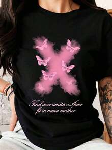 Fashionable Casual T-Shirt For Women With Pink Butterfly And Text Design, Summer And Spring Clothing, Perfect Gift For Friends And Family. New Summer Arrivals: 100% Cotton Crew Neck T-Shirts. - 黑色 - 查看 7