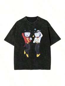 Men's And Women's Game T-Shirt | Vintage Black Washed Urban Style T-Shirt With Logo Print, Loose Fit, Round Neck, Casual Summer And Year-Round Wear, Medium Stretch Fabric, Cartoon Design, Regular Sleeves (Unisex), Going-Out Clothes, Men's T-Shirts 100% Pure Cotton Anti-UV. - 黑色 - 查看 7