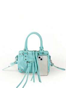 1pc Vintage Distressed Black Patchwork Rivet Studded Metal Tassel Zipper Decor Retro PU Material Belt Decor Rivet Studded Dual Top Handle Adjustable Shoulder Strap Zipper Closure Fashion Retro Sweet Chic Motorcycle Bag Y2K Punk Style Square Handbag For Women, Casual Low-Key Luxury Style Women Crossbody Bag Fits Phone, Card Holder, Suitable For Daily, Travel, Shopping , Punk - 淺藍色 - 查看 4