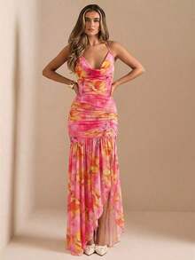 xheSHEIN  Vestido transparente con cuello profundamente drapeado, abertura alta y estampado floral sólido verde y rosa, vestido de playa, vestido sexy y elegante para primavera y veranoxhe - Rosa 3 - Ver 4