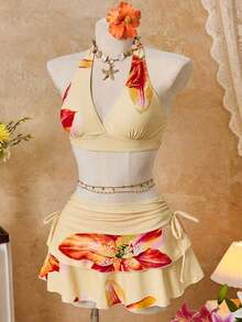 Bellisia Conjunto de 3 piezas con top de bikini triangular con cuello de halter naranja y falda a juego, para playa/resort - Multicolor 4 - Ver 4