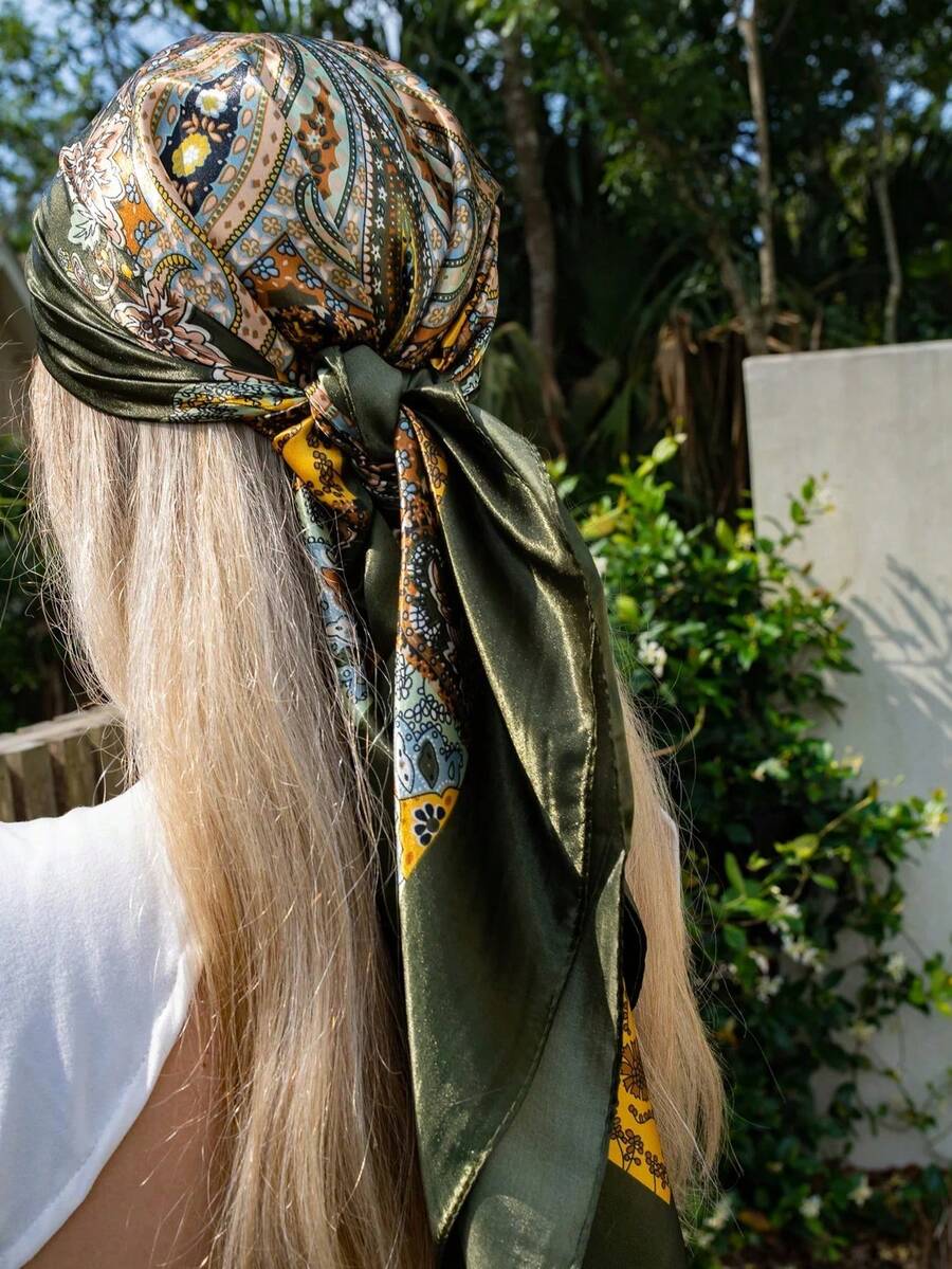 Women's Large Square Satin Scarf 90x90 Elegant Fashion Bandana For Hair And Neck - L5-verde - 查看 1