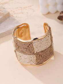 1pc Maillard Checkered Rattan Woven Bracelet, Metal Edged Open Bangle, Niche Design, French Casual Versatile Accessory. Unique, Quality, Niche Design, Suitable For Vacation, Party, Market And Daily Outfit. - Multicolor - View 2