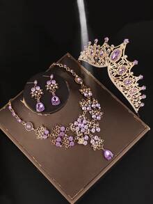 1 Set Purple Crystal Decorated Crown, Necklace, Earrings 4pcs Bridal Accessories, Suitable For Wedding Dress, Gala, Wedding Party - 23392 Purple - View 3