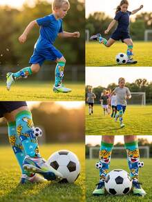 1 Pair Kids Calf Socks With Cartoon Leopard & 3D Football Decor, Casual Sports Socks For Daily, Holiday Wear, Suitable For Children Aged 3-12, All Season Gift - Baby Blue - View 2
