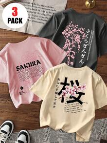 3pcs/Set Tween Girl Summer New Short Sleeve T-Shirt, Japanese Sakura Theme Print With Japanese And English Letter Patterns, Street Casual Style Versatile Tween Girl Top, Comfortable Breathable Material, Fashion Must-Have For Middle And Tween Girl - Pink - View 2