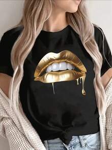 Lightweight And Durable Short-Sleeved T-Shirt With A Gold Floral Design, Perfect For Casual Outings At Home, Restaurants, And Outdoor Activities. Modern Style, Available In A Variety Of Colors. - Black - View 7