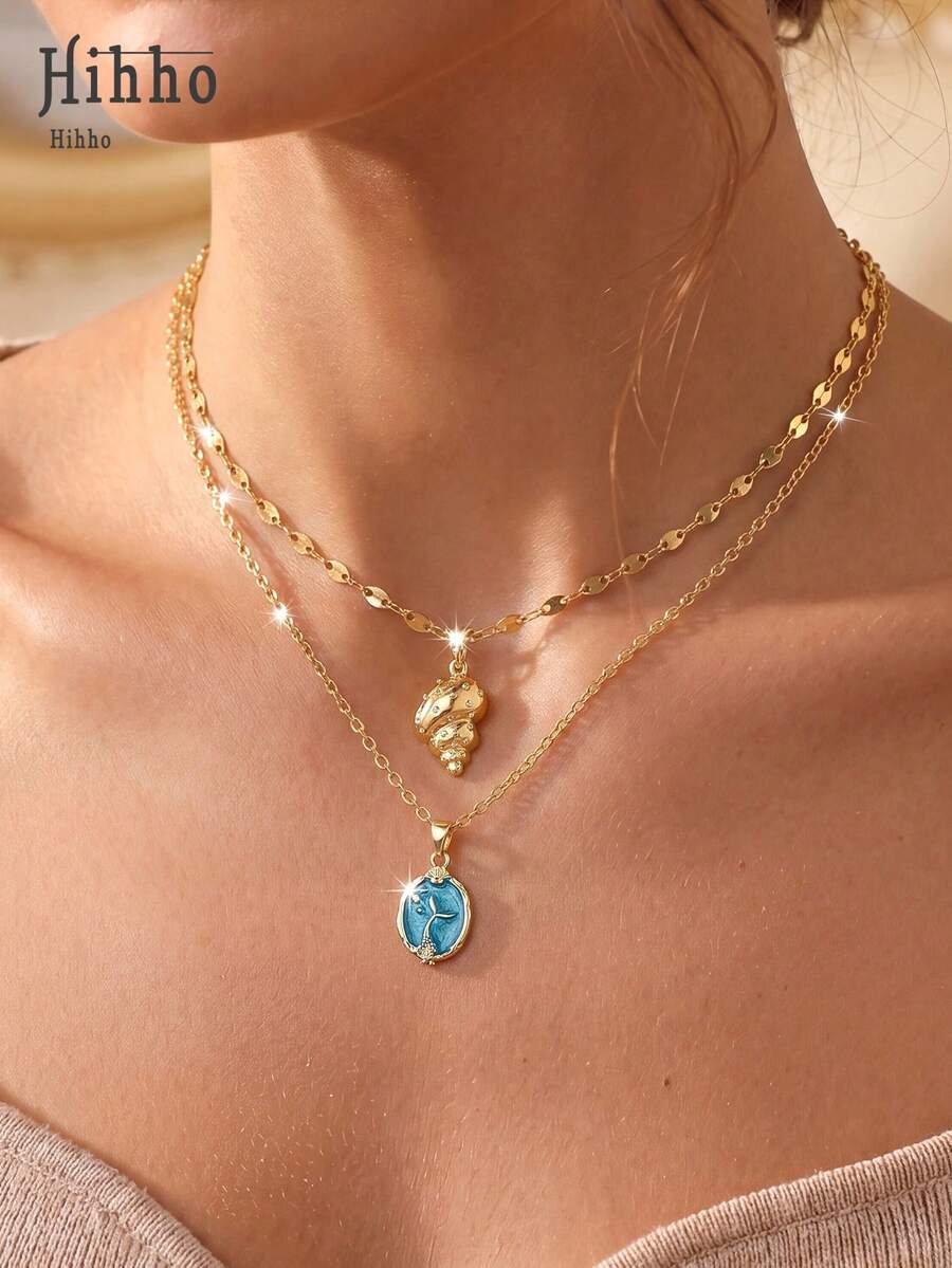 Hihho 2pcs/Set Lovely Seashell & Mermaid Tail Necklace, Vacation Vibe Accessory, Suitable For Commute, Vacation, Summer Outing - Clavicle Chain - View 1