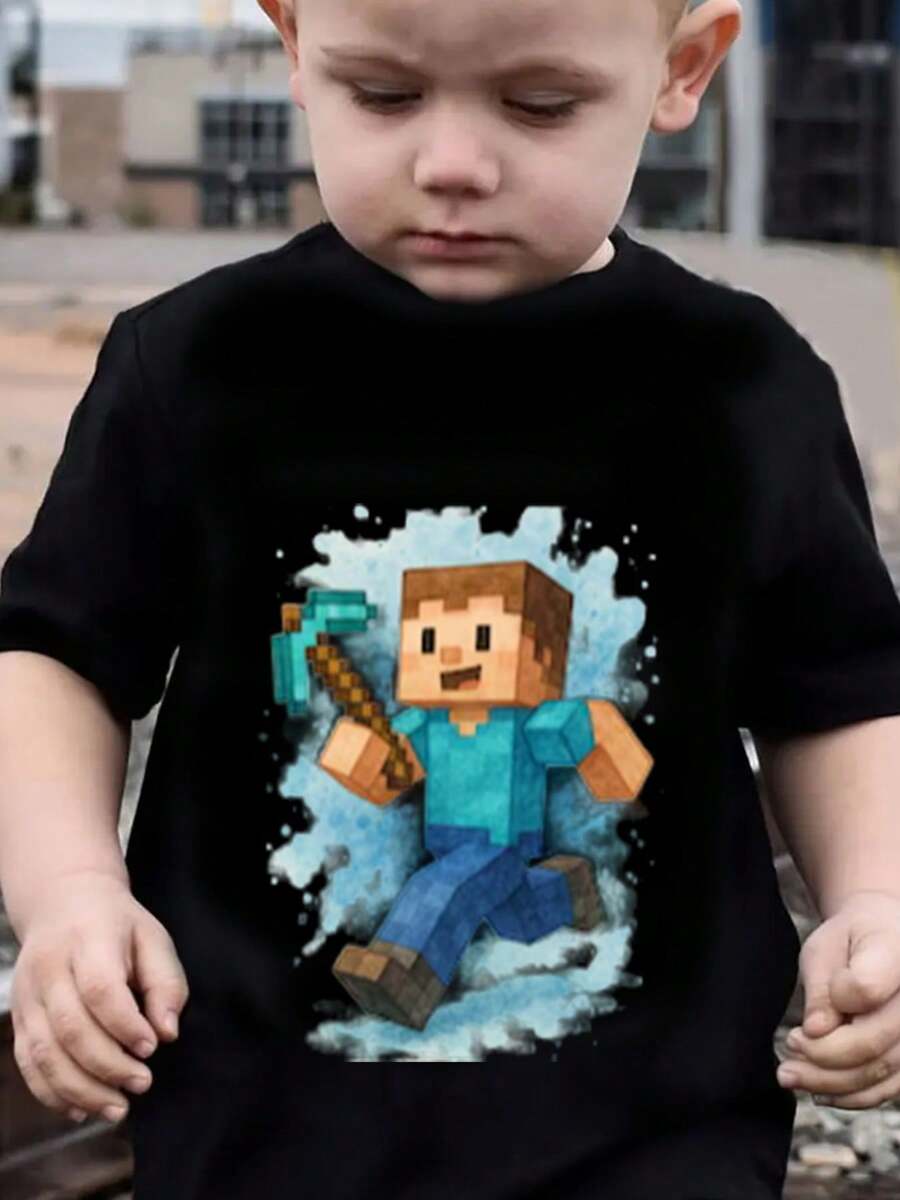 Camiseta de niño con diseño de personaje de dibujos animados corriendo en el océano, ropa casual de manga corta con cuello redondo para niños, moda de verano, ropa urbana de moda, camiseta asequible para niños. - Negro - Ver 1