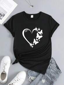 Heart And Butterfly Print T-Shirt, Stylish And Versatile, Suitable For All Skin Types, Perfect For Everyday Wear And Dates. - Black - View 2