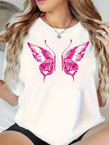 Pure Cotton T-Shirt, One-Of-A-Kind Piece. Women's Round Neck T-Shirt, Summer 2026, With  Pink Butterfly Print, Elegant And Unique, Best-Selling Product. - 白色 - 查看 1
