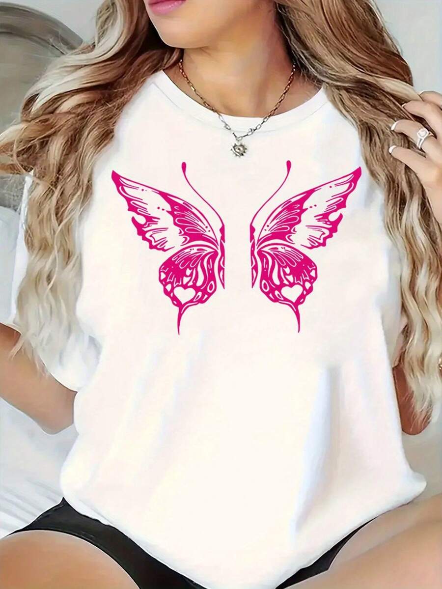 Pure Cotton T-Shirt, One-Of-A-Kind Piece. Women's Round Neck T-Shirt, Summer 2026, With Pink Butterfly Print, Elegant And Unique, Best-Selling Product. - 白色 - 查看 1