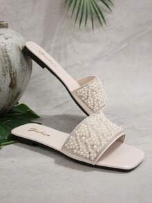 Sandalias planas de mujer para verano con tiras, puntera cuadrada, tachuelas y decoración de rhinestones - Blanco - Ver 5