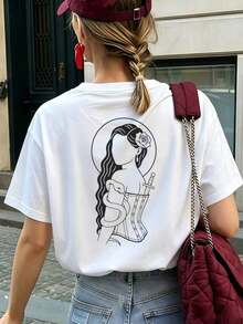 100% Cotton T-Shirt - White Graphic Print For Women, Loose And Comfortable Fit For Everyday Use, Commuting To Work And Holidays. - White - View 8