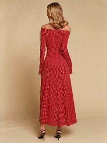 Vestido de mujer de cuello en V elegante, de manga larga, de unicolor, con dobladillo irregular, versátil para ir al trabajo, la oficina, salir, fiestas, bodas y la playa - Rojo - Ver 5