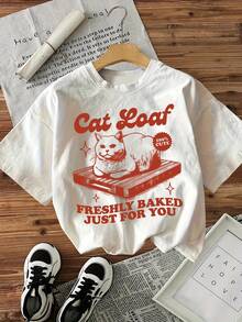 Women's Casual Short-Sleeved T-Shirt, 100% Cotton, With A Baking Cat Print. Soft And Breathable Fabric, Loose-Fitting Crew Neck Design, Machine-Washable Summer Top, Comfortable Casual Style, Fun Print T-Shirt, Easy To Match And Suitable For All Seasons. Can Be Worn As A Base Layer In Spring And Autumn Or On Its Own In Summer. Neutral Style,  Thick Cotton City Boy Top. - 白色 - 查看 12