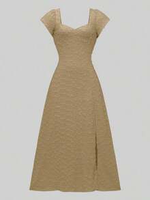 Vestido largo elegante y delgado de unicolor con espalda descubierta, lazo y mangas de loto con abertura alta, para vacaciones y citas en primavera/verano - Caqui - Ver 8
