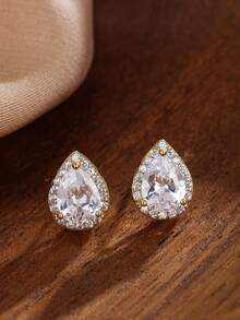 1 Pair Teardrop Zirconia Stud Earrings, Luxury High-End Unique Design, Suitable For Wedding, Banquet, Gift For Girlfriend - Earrings - View 1