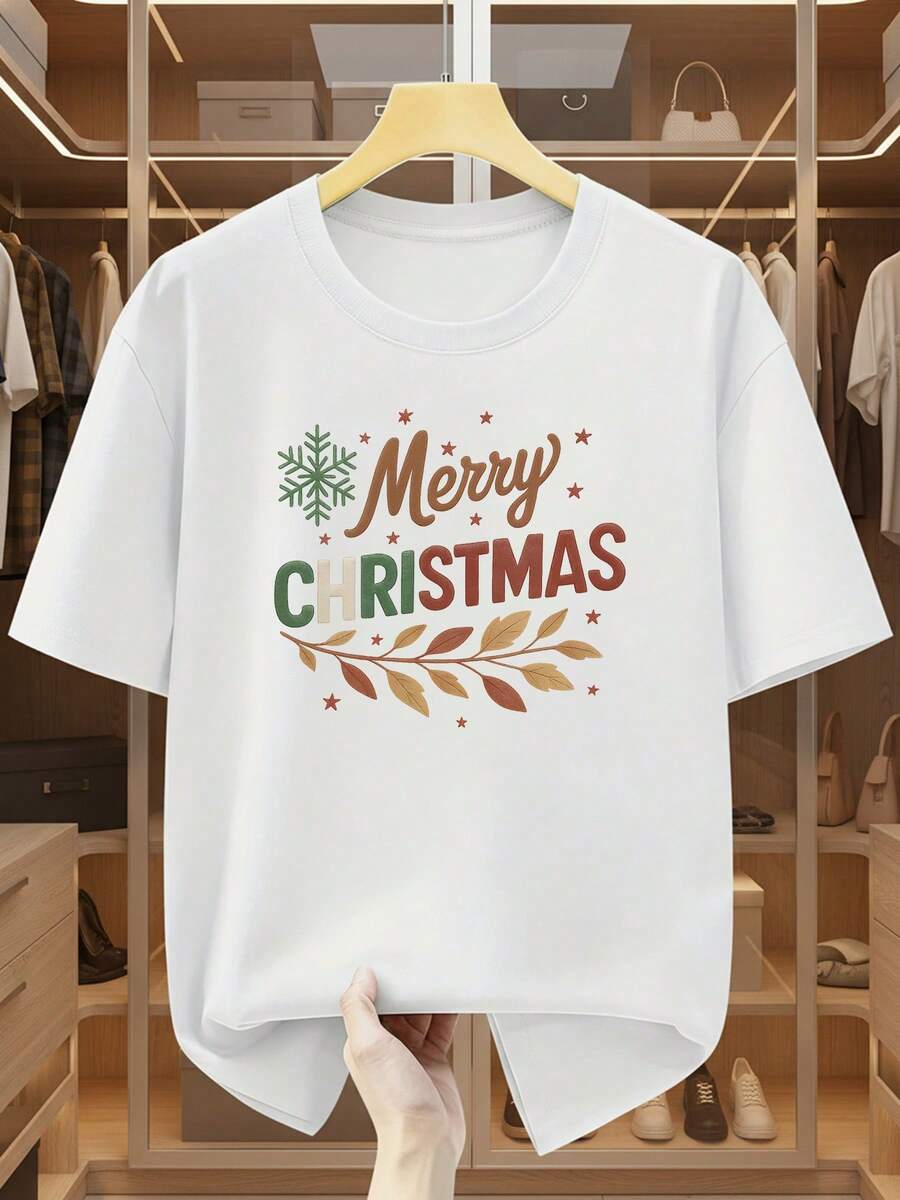 Men's Short-Sleeved T-Shirt, Size [Size Missing], % Cotton, Christmas-Themed Short-Sleeved T-Shirt, Snowflake And Branch Print, Comfortable And Casual Short-Sleeved T-Shirt For Summer - 白色 - 查看 1