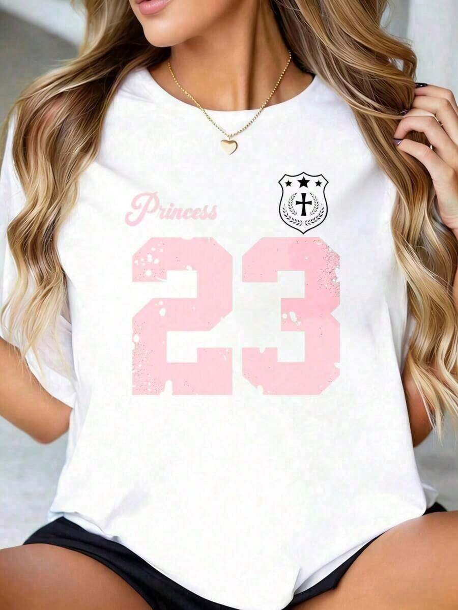 1 Piece Custom Round Neck T-Shirt With Interesting Princess Print 23, Pink Number, Black, For Women, Casual Style, Sporty, Graphic T-Shirt, Ideal For Gifts, 180g 100% Cotton. - 白色 - 查看 1